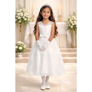 NEW Girls First Holy Communion Dress Size 8 - Corded Emb Tulle Sequin Tea-Length